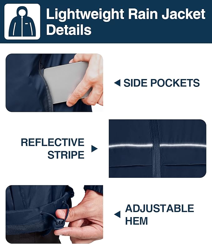 SWISSWELL Rain Jacket Men Waterproof Windbreaker, Lightweight Hooded Raincoat for Daily Casual
