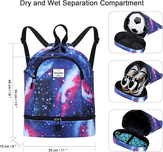 Dry Wet Drawstring Backpack with Shoe Compartment for Women Adjustable Gym Bag