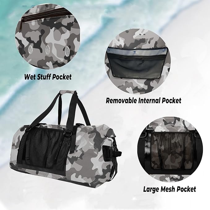 65L Waterproof Duffel Bag for Men and Women - Large Motorcycle Duffle Bag with Straps for Back Seat - Roll Top Dry Bag for Kayaking, Rafting, Boating, Swimming, Beach