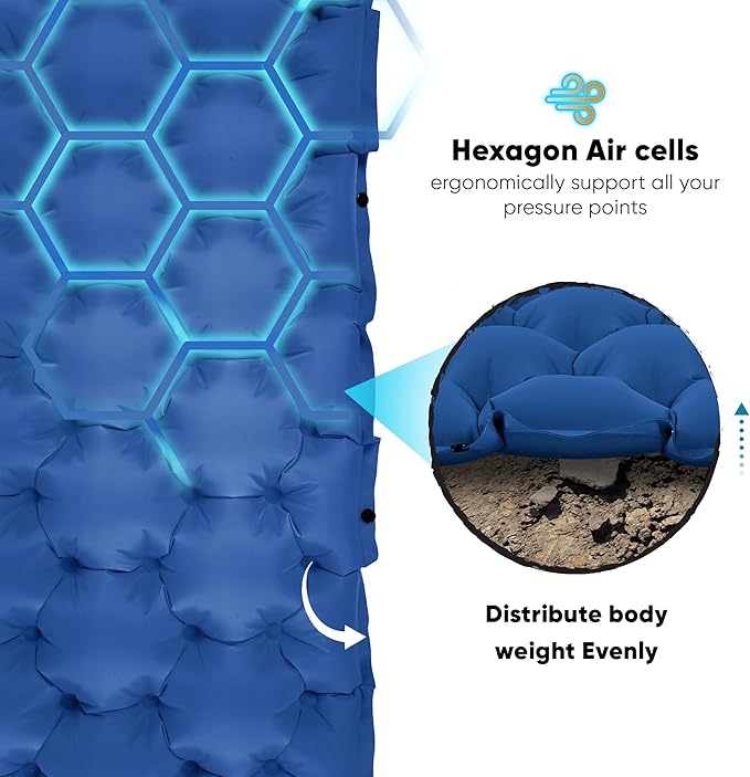 POWERLIX Double Sleeping Pad Camping Pads for 2 Person with Pillow, Built-in Foot Pump Inflatable Sleeping Mat for Backpacking, Hiking, Traveling, Outdoor, Portable Tent Camping Mattress