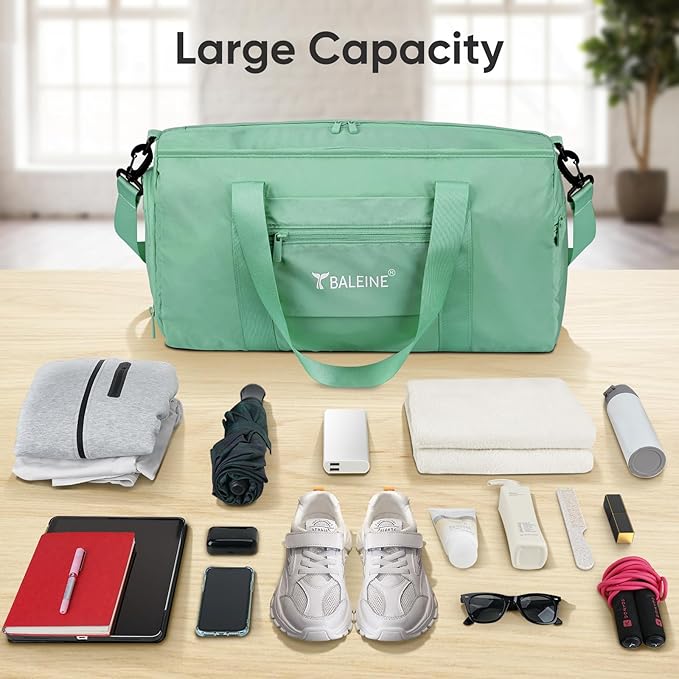 BALEINE Gym Bag for Women and Men, Small Duffel Bag for Sports, Gyms and Weekend Getaway, Waterproof Dufflebag with Shoe and Wet Clothes Compartments, Lightweight Carryon Gymbag (Green)