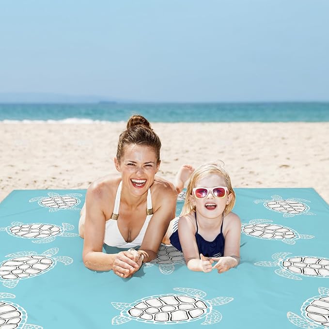 Beach Blanket Waterproof Sandproof Oversized, 10'X 9' Extra Large Beach Mat Fits Up to 10 People, Lightweight & Compact Polyester Picnic Blankets for Outdoor, Travel, Camping, Hiking-Baby Sea Turtle