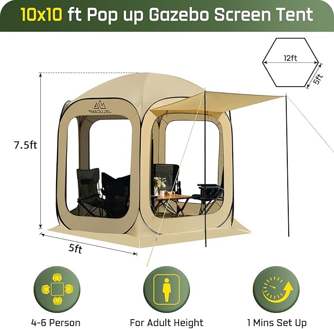 10x10 FT Pop Up Screen Tent - Instant Screened Gazebo Canopy with Mosquito Net, Portable Backyard Tent for 4-6 People, Easy Setup Patio Shelter for Camping, BBQ, Sports & Outdoor Activities