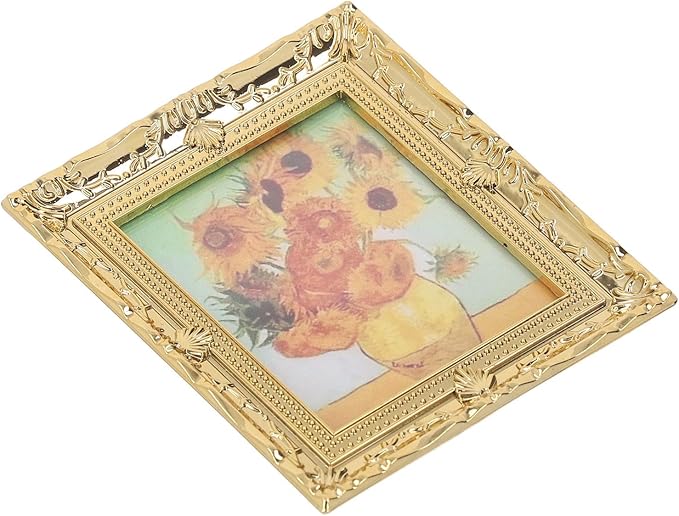 CHICIRIS Miniatures Art Painting, Gold Frame Miniatures Oil Painting Beautiful for Kids for Dollhouse Decoration (Sunflower Shape)
