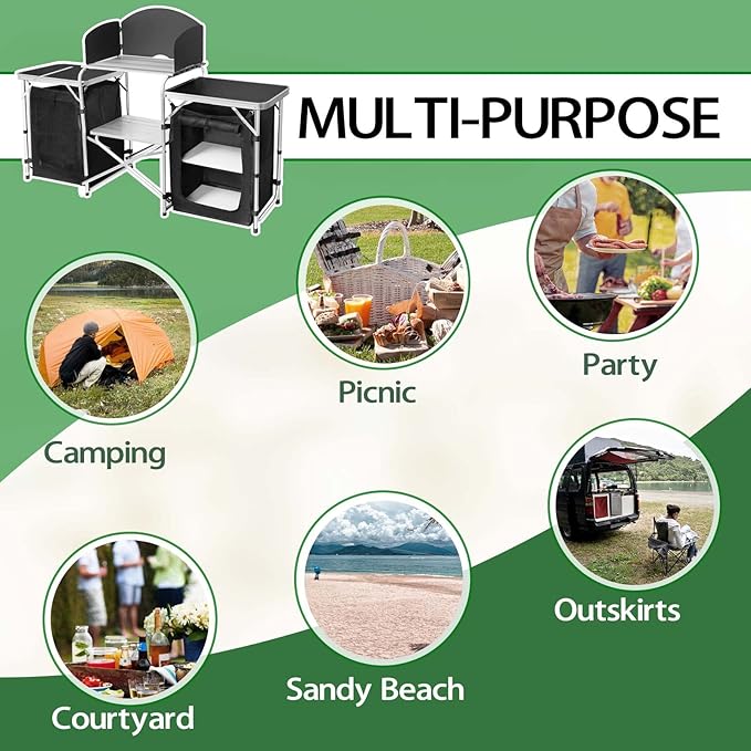 CampLand Folding Cooking Table Outdoor Portable Cook Station Aluminum Camping Kitchen with Storage Organizer, Windscreen, Hooks for BBQ, Party (Black2cabinet)