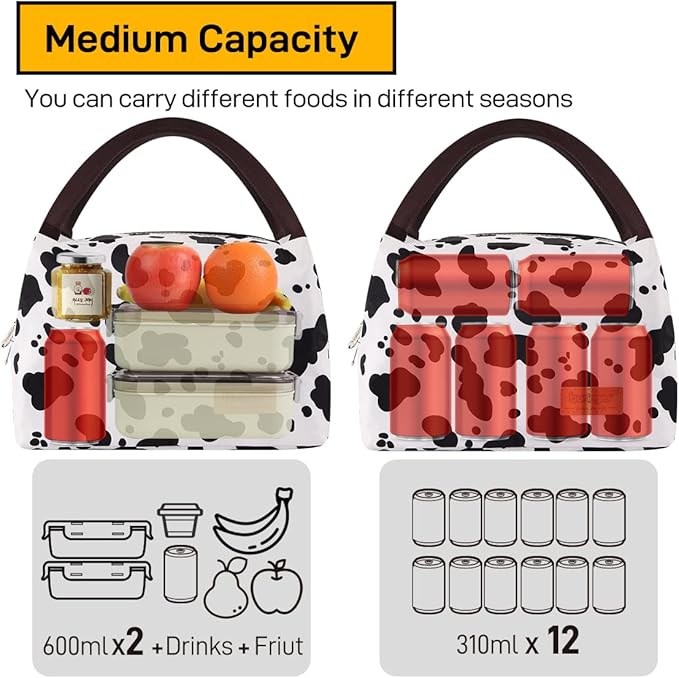 Buringer Insulated Lunch Bag Lunch Box for Women Men Adult Lunch Tote for Work Picnic Travel (Cow Print)