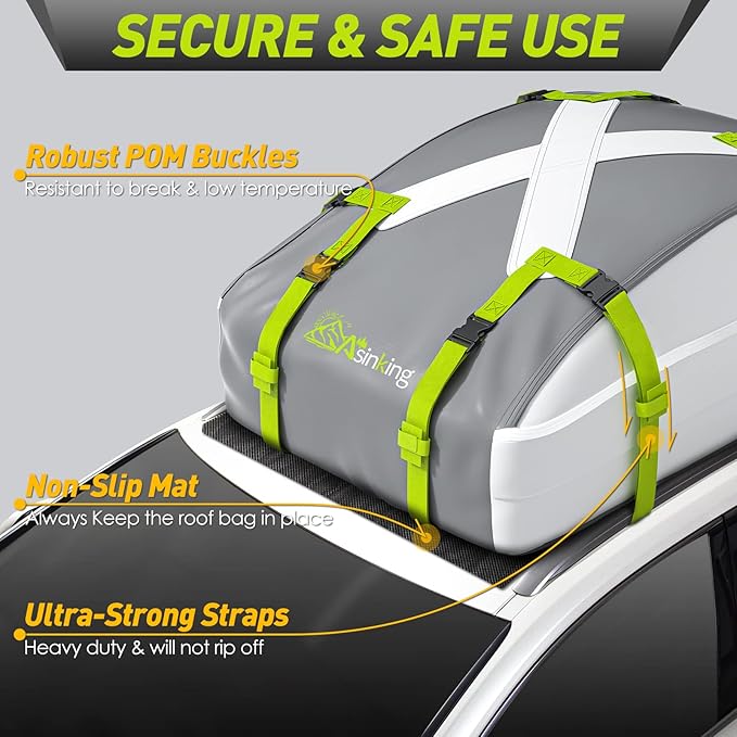 Car Rooftop Cargo Carrier Bag -100% Waterproof 20 Cu Ft Anti-Rip/Scratch Car Roof Bag for All Vehicles with/Without Roof Rack, Includes Protective Mat, Luggage Lock, 4 Door Hooks