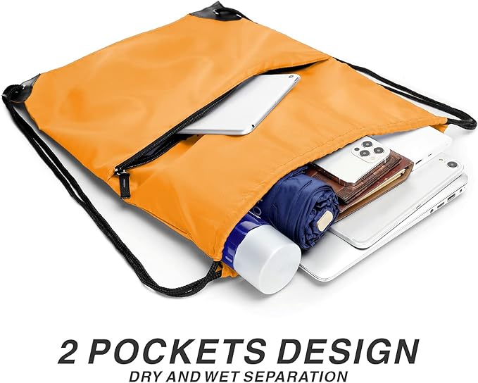 BuyAgain Drawstring Backpack Sports Water Resistant String Bag Sport Gym Sackpack for Women Men Large with Zipper, Orange