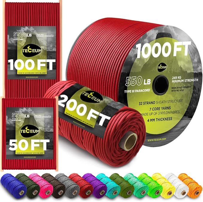 TECEUM Heavy Duty Rope 1000 – 1000ft / 200ft / 100ft / 50ft – 40+ Colors – Utility Rope for Survival & Camping Gear – Nylon String, Camping Rope, para Cord, Utility Nylon Rope, Tent Cord