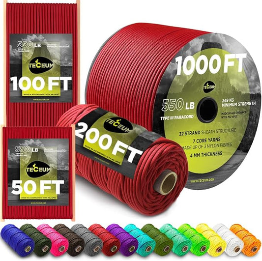 TECEUM Heavy Duty Rope 1000 – 1000ft / 200ft / 100ft / 50ft – 40+ Colors – Utility Rope for Survival & Camping Gear – Nylon String, Camping Rope, para Cord, Utility Nylon Rope, Tent Cord