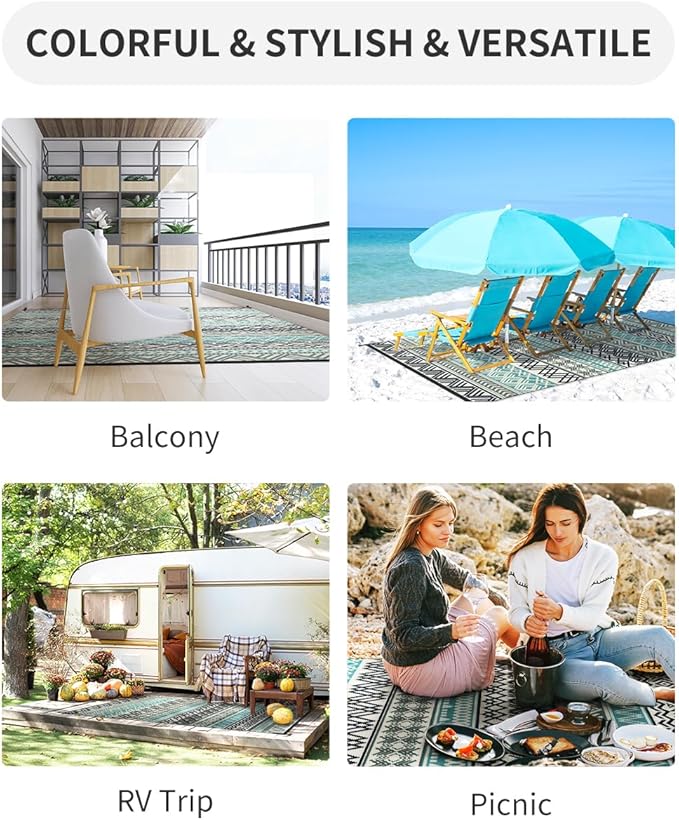 MontVoo Outdoor Rug Carpet Waterproof-Patio Rug Mat 5x8 Reversible RV Camping Rug Picnic Mat Plastic Straw Outside Rug for Balcony Porch Deck Beach-Boho Outdoor Area Rug for Patio Decor Colorful