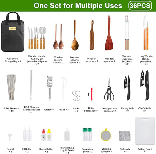 Camping Cooking Utensils Cookware Set for Outdoor - Hanging Organizer + Nonstick Wooden Spatula Kitchen Kit, Camping, RV & Campfire Essentials