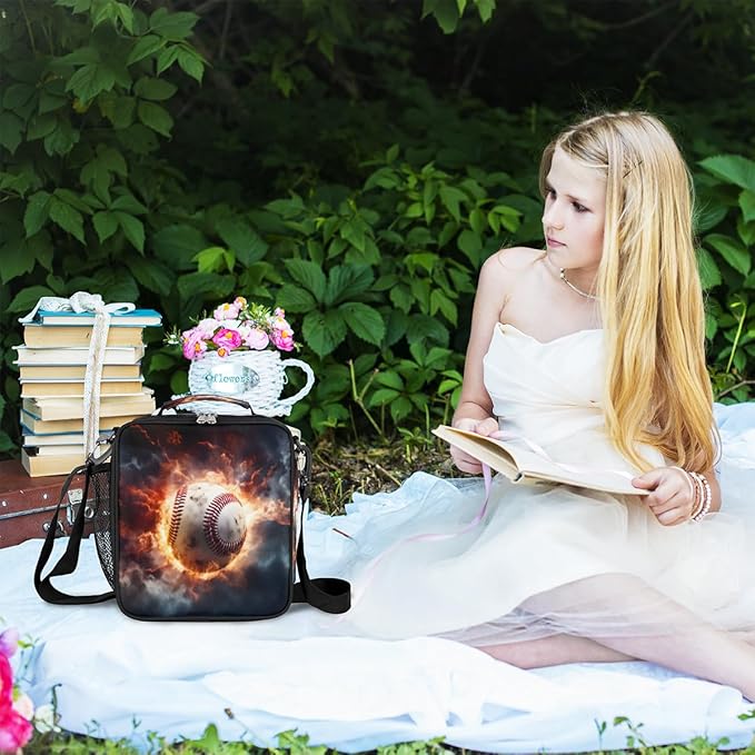 cfpolar Baseball Lunch Box for Boys Girls, Insulated Lunch Bags for Kids Reusable Mini Cooler Lunch Tote Lunchbox Thermal Meal Tote Kit with Shoulder Strap for Work School Picnic