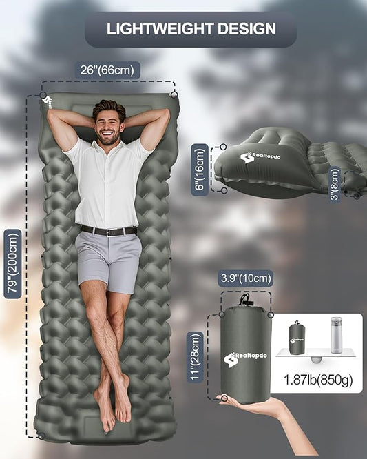 Inflatable Camping Sleeping Pad with Pillow & Foot Pump, 3"x79"x26" Single Camping Air Mattress, Compact Roll-Up, Quick-Dry & Durable Sleeping Mat for Backpacking, Hiking, Tent, Travel – Grey