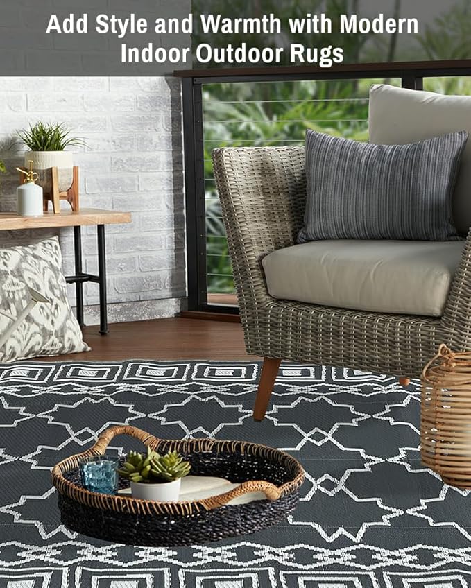 LILIOFFIC Outdoor Rugs - Reversible Mats, 5'x8' Plastic Straw Rug for Patio Clearance Waterproof, Indoor Outdoor Area Rug Carpet for Outside, RV, Deck, Picnic, Beach, Trailer, Camping(Grey)