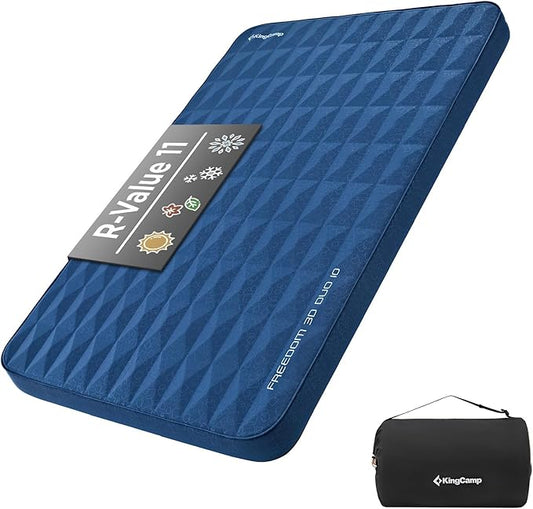 KingCamp Double Sleeping Pad, 2 Person Queen R 10 Self Inflating Sleeping Pad 4" Ultra Thick Full Size Foam Mattress Mat with 3D Sidewalls & Diamond-Cut Surface for Camping Tent Car, PVC Free