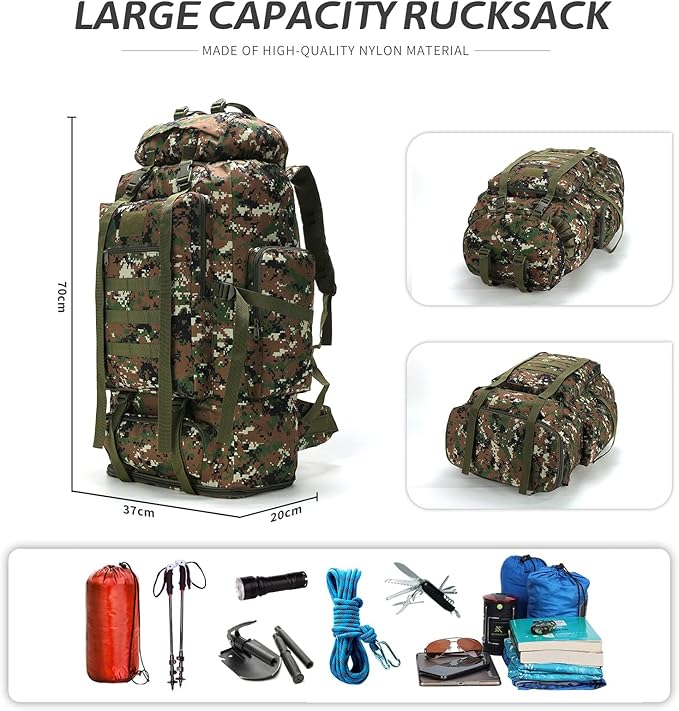 70L/100L Hiking Camping Backpack MOLLE Rucksack Waterproof Daypack for Traveling (Woodland Camo)