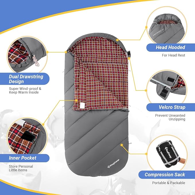 KingCamp Sleeping Bag for Adults, Cold Weather & Warm Extra Wide Big & Tall XL Portable Waterproof Flannel Sleeping Bags, Essentials Gear Accessories for Camping Backpacking Hiking Indoor & Outdoor