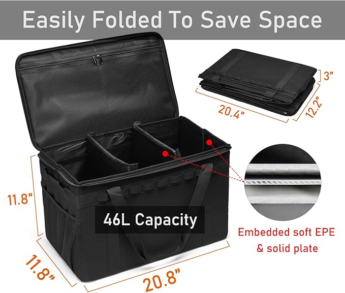 Tactical Camping Storage Bag - 46L Utility Tote Bag Trunk Organizer (Black)