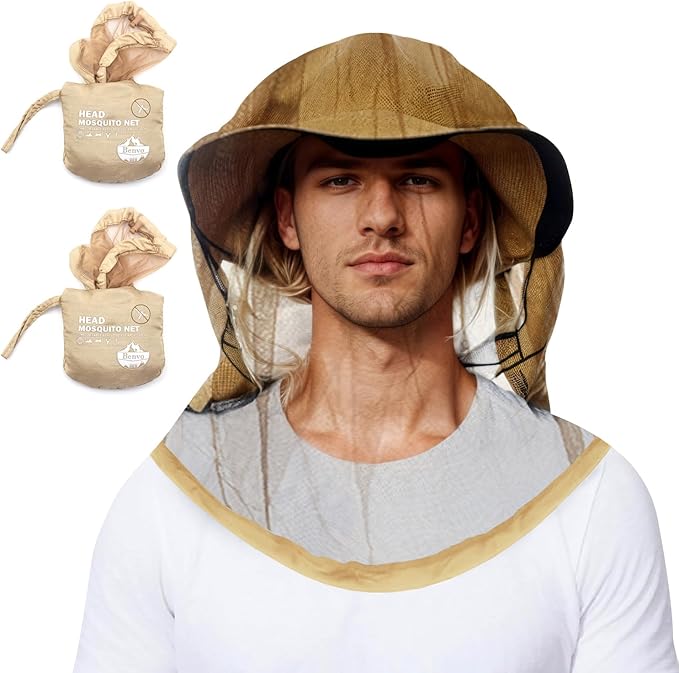 Benvo Mosquito Head Net Mesh One Piece Face Neck Fly Netting Cover from Bugs Gnats Noseeums Hat-Compatible Insect Shield for Fishing, Camping, Gardening (2pcs, Khaki, Upgraded Big Net)