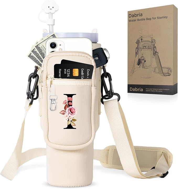 dabria Initial A-Z Water Bottle Bag with Phone Pocket for Stanley 40 oz Tumbler Neoprene Water Bottle Holder Pouch with Adjustable Strap Bollus with Straw Cover & Carabiner for Stanley Cup Accessories