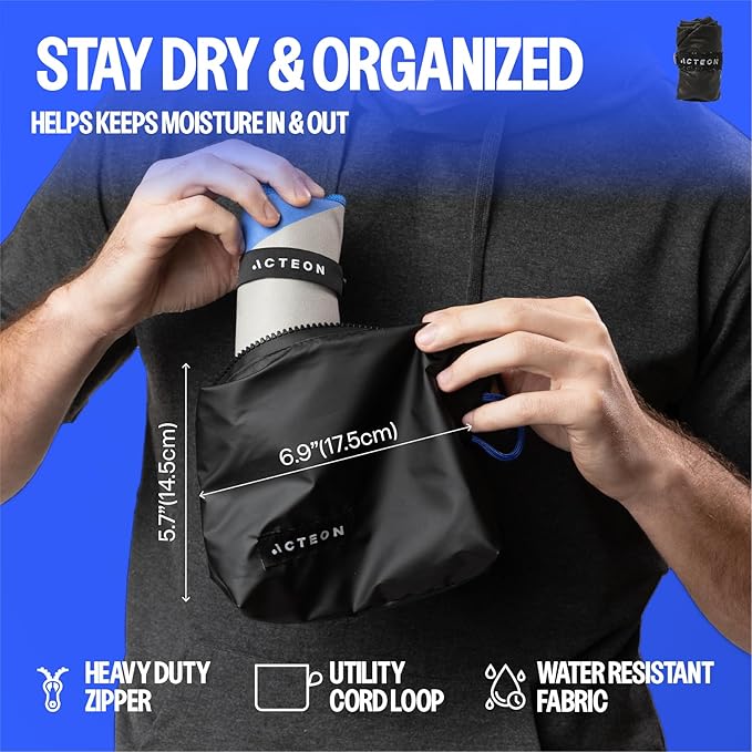 Acteon Microfiber Gym Towel & Wet Bag Travel Set, Large Quick Dry Silver ION Odor-Free Mega Absorbent Fiber, Fast Drying Men & Women Workout Gear for Body Sweat, Beach, Pool, Camping