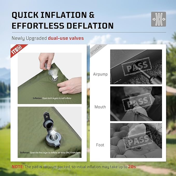 Self Inflating Sleeping Pad for Camping, Insulated Inflatable Camping Mattress for Winter, with Pillow, Dual Valves, Memory Foam, Sleeping Mat for Backpacking, Hammock, Tents, Floor