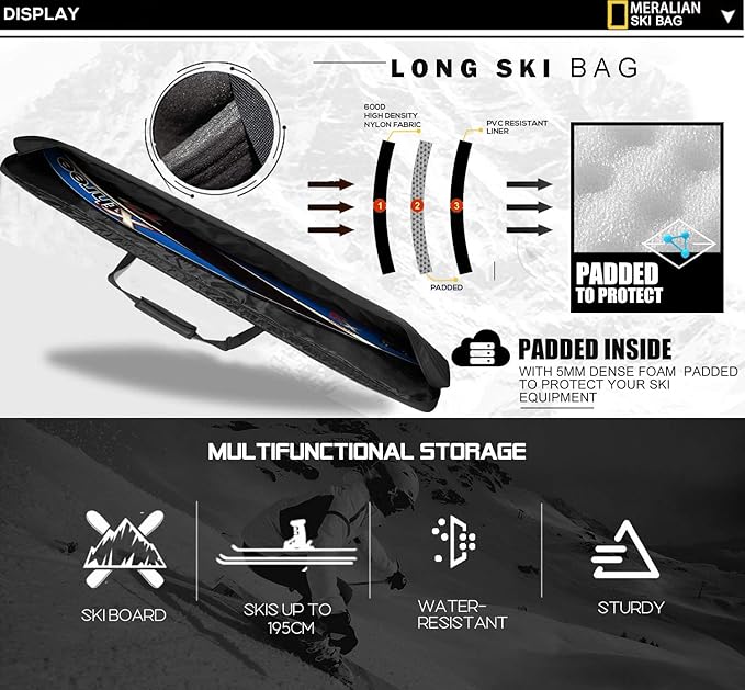 Padded Ski Bag,Waterproof Full Padded Single Ski Travel Bag with Adjustable Shoulder Strap.