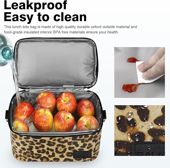 BALORAY Lunch Bag for Women Men, Double Deck Lunch Box for Adults, PU Leather Lunch Tote Bag Insulated Lunch Bags with Strap for Work Office Picnic