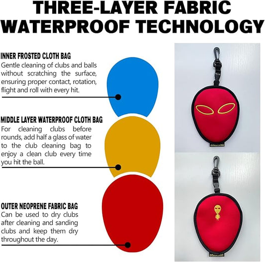 Golf Club Cleaner & Ball Cleaning Bag,Original Three-Layer Fabric Waterproof Technology,Golfer's Ultimate Green Clean Scrub Equipment Accessories,Removable Clips to Support Machine Washing