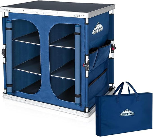 EAGLE PEAK Double Outdoor Folding Camping Table with Large 3-Tier Storage Organizer and Side Pockets, Easy Set Up Portable Aluminum Camping Kitchen, Blue