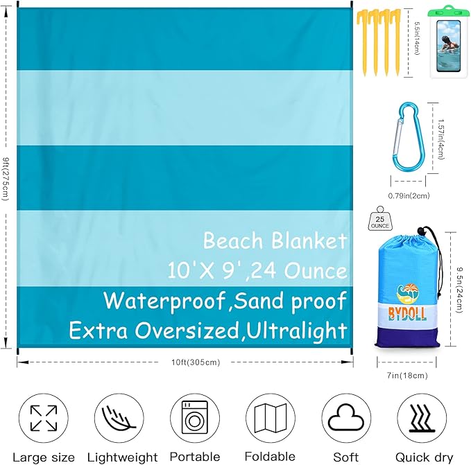 BYDOLL Beach Blanket 78''X81'' 4-7 Adults Oversized Lightweight Waterproof Sandproof Blanket for Beach Large Picnic Mat Travel Camping