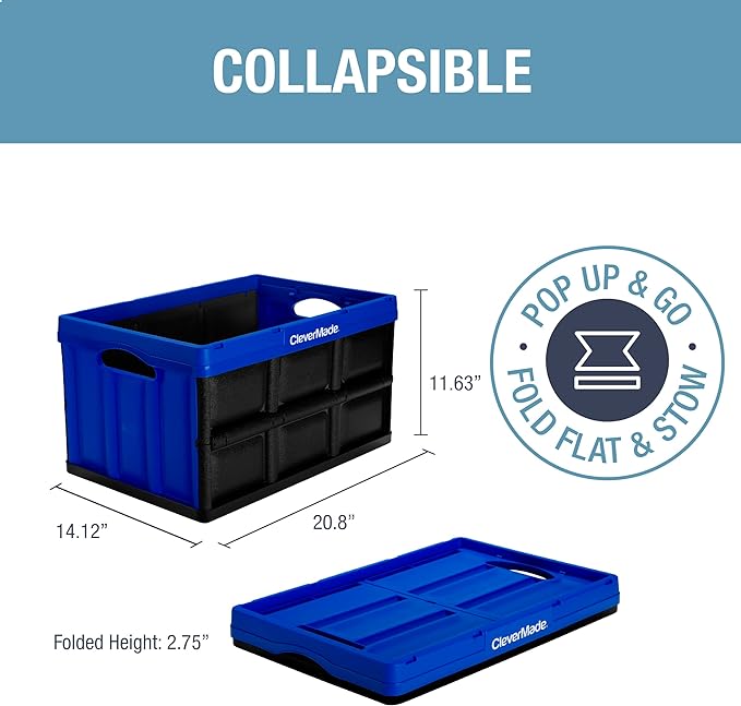 CleverMade Collapsible Storage Bins - Royal Blue 3 Pack 46L - Stackable Containers Heavy Duty Capacity Folding Crates - Space-Saving for Home