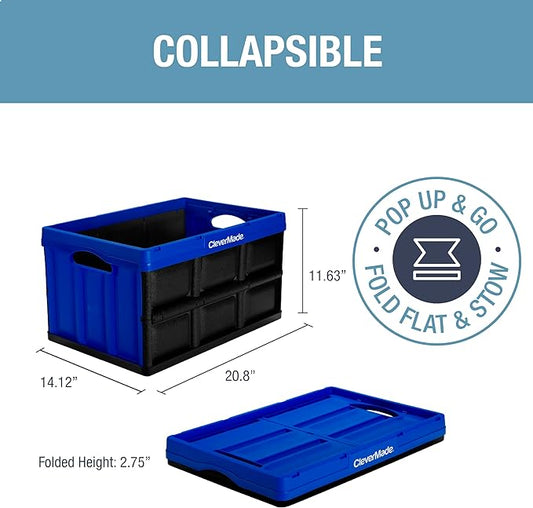 CleverMade Collapsible Storage Bins - Royal Blue 3 Pack 46L - Stackable Containers Heavy Duty Capacity Folding Crates - Space-Saving for Home