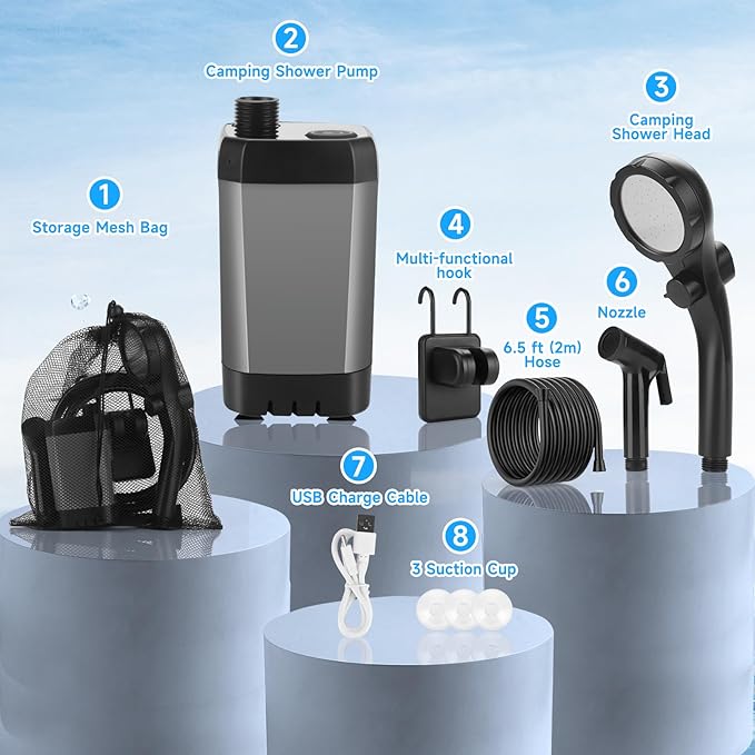 Portable Shower for Camping, Rechargeable Camping Shower Pump with LED Display of Battery Level and Temperature, Lasting-150 Mins, Suitable for Outdoor Shower, Pet Bath, Car Washing