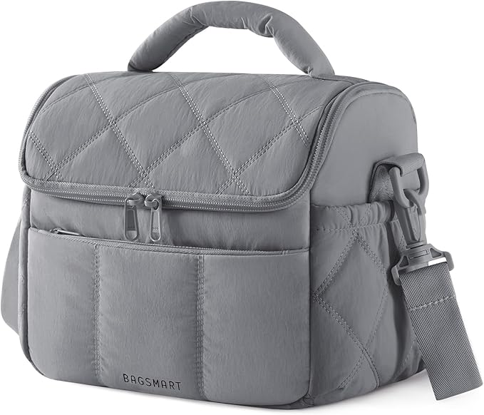 BAGSMART Insulated Lunch Bags for Women, Cute Quilted Lunch Box, Lightweight Puffy Padded Waterproof Lunch Tote, Reusable Lunch Cooler for Work Picnic Travel, Gray