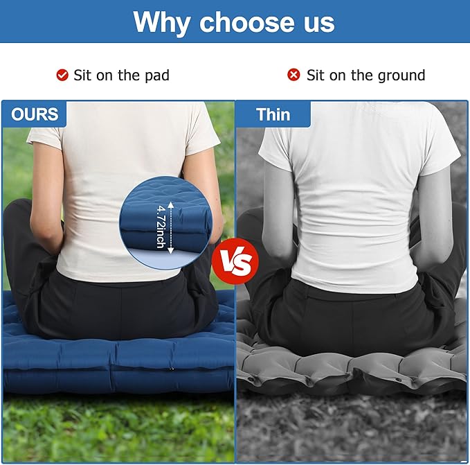 Sleeping Pad for Camping, Ultralight 4.7" Extra-Thick Inflatable Camping mat with Pillow Built-in Foot Pump, Compact Lightweight Air Mattress for Camping Backpacking Hiking Car Travel Tent, Navy Blue