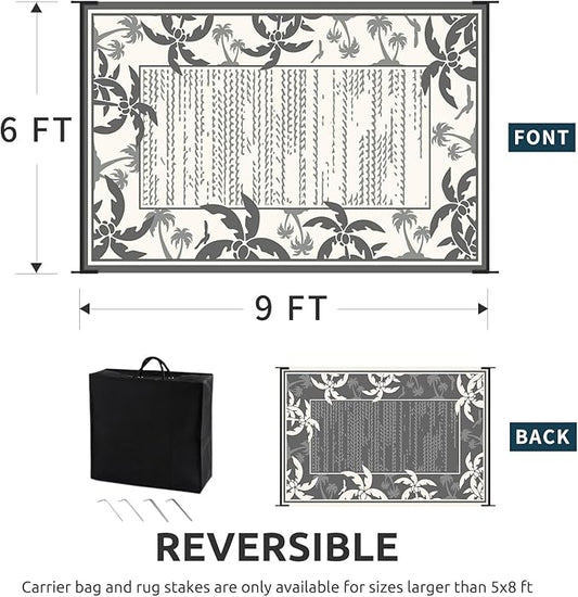 COCOER Outdoor-Rug 6x9 ft Waterproof Reversible Outdoor Plastic Straw Rug RV Indoor Outdoor Carpet Quick Dry Patio Rug Camping Mat for Balcony Backyard Picnic Beach-Grey&Beige