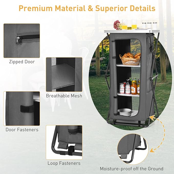 Goplus Folding Camping Storage Cabinet, Pop Up Outdoor Camping Kitchen Station with Large 3-Tier Storage Organizer, Carry Bag, Easy Set Up Portable Compact Camping Table for BBQ Picnic Backyard (47'')