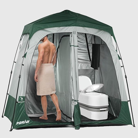 Camping Shower Tent Deluxe Changing Room Easy Set Up Privacy Shelter,Large Toilet Tent 2 Rooms with Floor Drain Design for Beach, Camping,Hiking with Stakes and Ropes for Stability