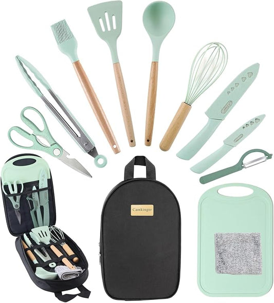12PCS Camping Accessories Kitchen Cooking Utensils Set - Portable Outdoor Camp Cookware Set, Silicone Camper Essentials Gear Must Have Supplies for Travel RV BBQ Grill Picnic Hiking