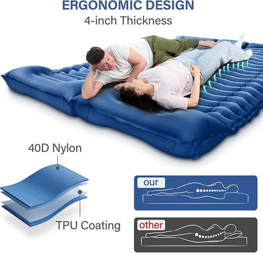Double Sleeping Pad for Camping- Self Inflating 4" Extra-Thick with Pillow Built-in Foot Pump Inflatable Sleeping Mat for Backpacking, Hiking, Traveling, Tent, Portable Camping Mat
