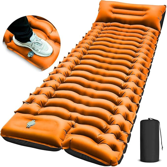 Camping Sleeping Pad, Ultralight Camping Pad with Pillow Built-in Foot Pump Inflatable Sleeping Mat Compact for Camping Backpacking Hiking Traveling - Orange, Single