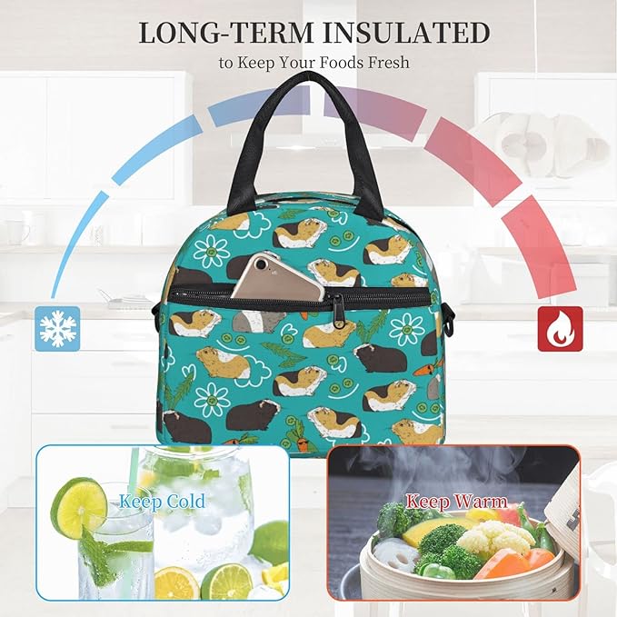 bassyil Guinea Pig Lunch Box Reusable Insulated Totes Lunch Bag Thermal Cooler Adjustable Shoulder Strap Bag For Men Women