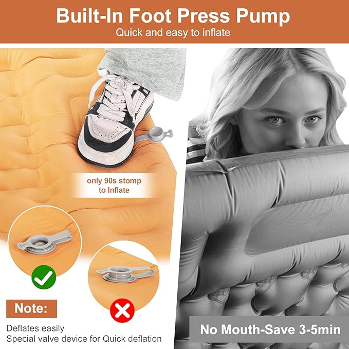 Camping Sleeping Pad, 50D Extra Thickness 4.7 Inch Inflatable Sleeping Mat Lightweight Waterproof Camping with Built-in Pump Air Mattress for Backpacking, Hiking, Tent, Traveling,(Orange+Grey)