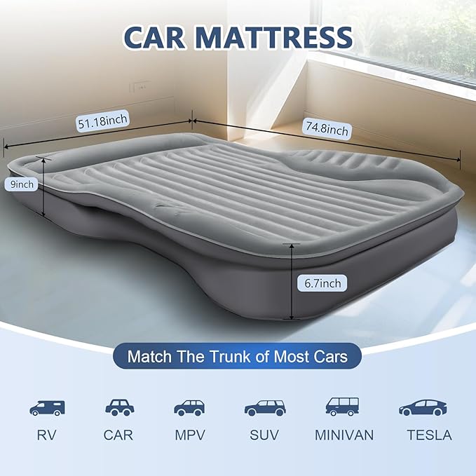 Self-Inflating SUV Air Mattress with Built in Electric Pump，car air Mattress with Pillow for Trunk，Portable car Mattress for Travle and Camping, Gray