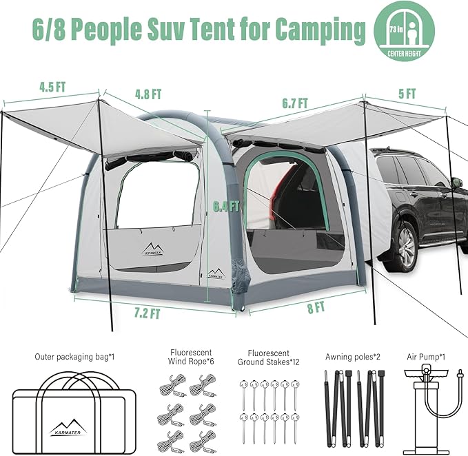 Inflatable SUV Tent for Camping, Large Quick Setup Blow Up Tents, 6-Person Tent with Detachable Car Attachment, Van Tents with Storage Bag &Projection Screen, Waterproof SUV Awning for Travel