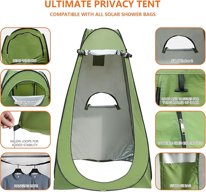 Camping Shower Tent,Pop Up Privacy Tent with Solar Shower Bag,Waterproof Pop Up Shower Tent for Portable Outdoor Toilet Shower Changing Room Sun Shelter Camping (Black/Camouflag/Green)
