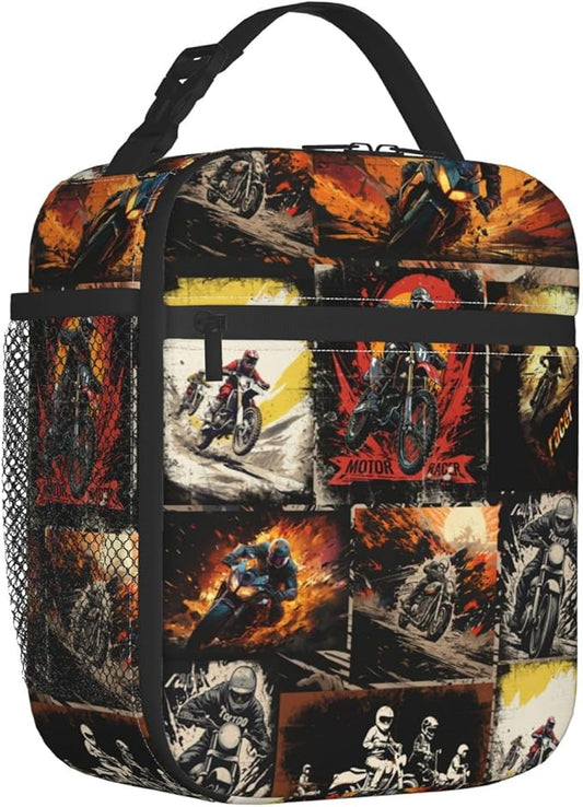 Sport Motorcycle Lunch Boxs for Men Women, Dirt-Bike Motocross Lunch Bag for Kids, Portable Reusable Insulated Lunch Bag for School Work Travel