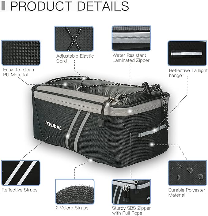 JXFUKAL Rear Bike Rack Bag with Rain Cover, 7L/9L/10L/12L Waterproof Bicycle Ebike Saddle Bag Cycling Pannier Trunk Carrier with Reflector & Adjustable Cord for Commuter Travel Outdoor